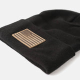 Leather American Flag Patch on Knit Beanie: Black, Made in USA