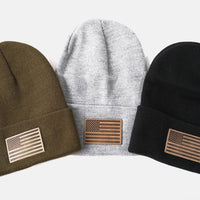 Leather American Flag Patch on Knit Beanie: Black, Made in USA