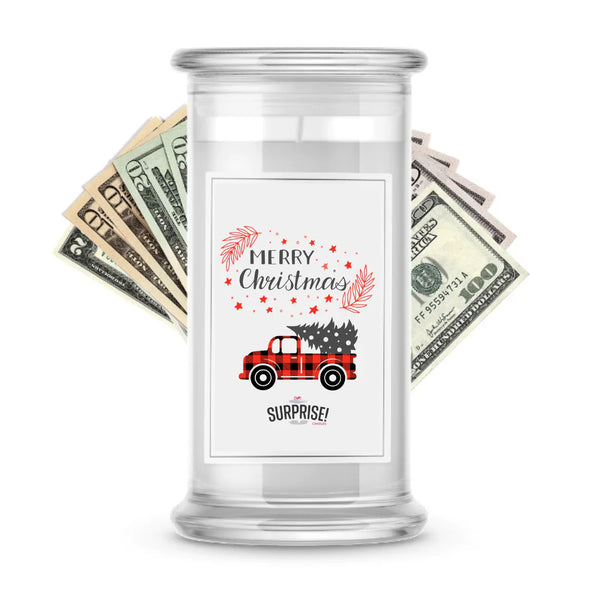 christmas tree candle with money inside Vintage Truck & Tree Christmas Cash Candle Made in USA