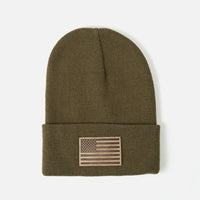 Leather American Flag Patch on Knit Beanie: Black, Made in USA