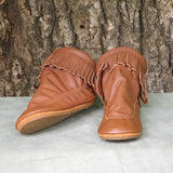 Brown with Tan Aztec Braid Saddle Fringe Saddle Fringe Natural Crepe Soles Children's Teepee Boots with Rubber Soles - Deertan #3350-NCS